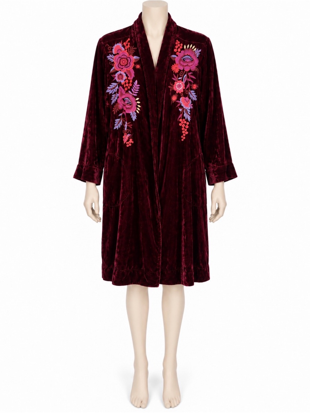 Johnny Was Burgundy Velvet Embroidered Floral Duster Jacket S